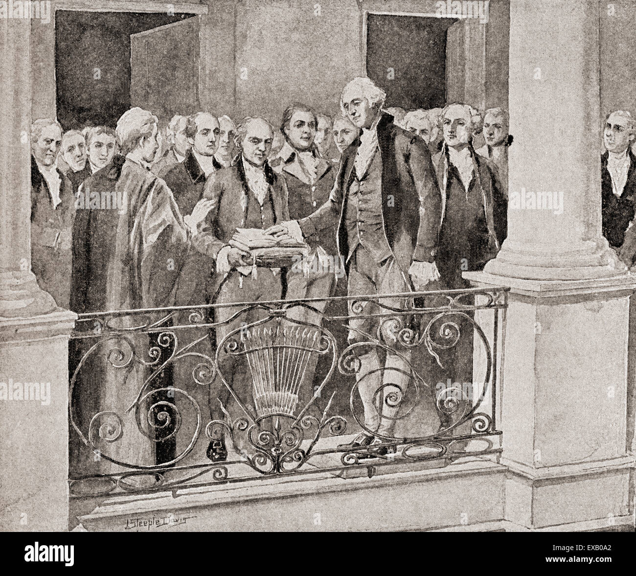 L'inauguration de George Washington, le 30 avril 1789. George Washington, 1732 -1799. Premier président des États-Unis (1789-1797), commandant en chef de l'Armée continentale pendant la guerre d'indépendance américaine, et un des Pères fondateurs des États-Unis. Banque D'Images