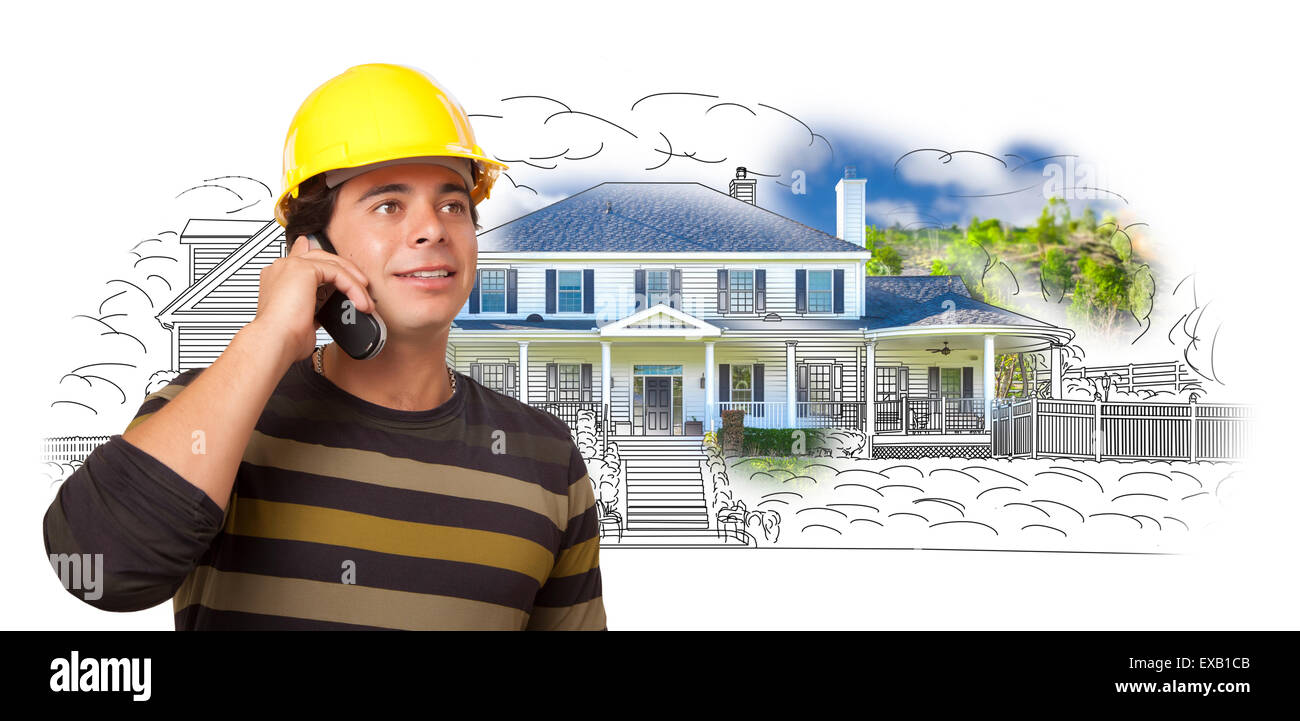 Hispanic Construction Worker on Phone House sur Dessin et Photo Combinaison sur blanc. Banque D'Images