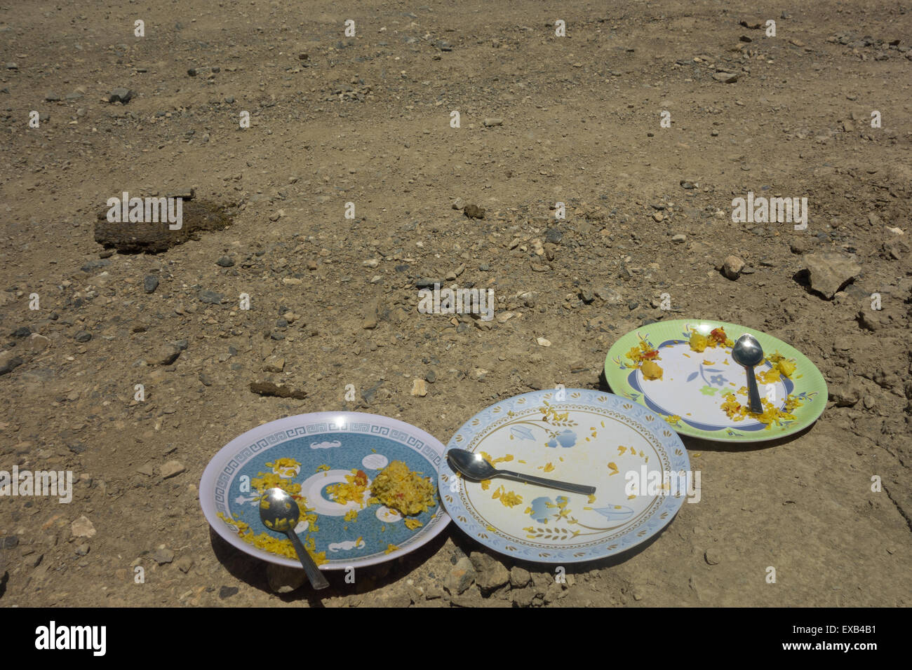 Assiettes vides de légumes et du riz sur trek dans la vallée de Spiti, Himachal Pradesh, Inde - guide de l'alimentation et fourni par Écosphère Banque D'Images