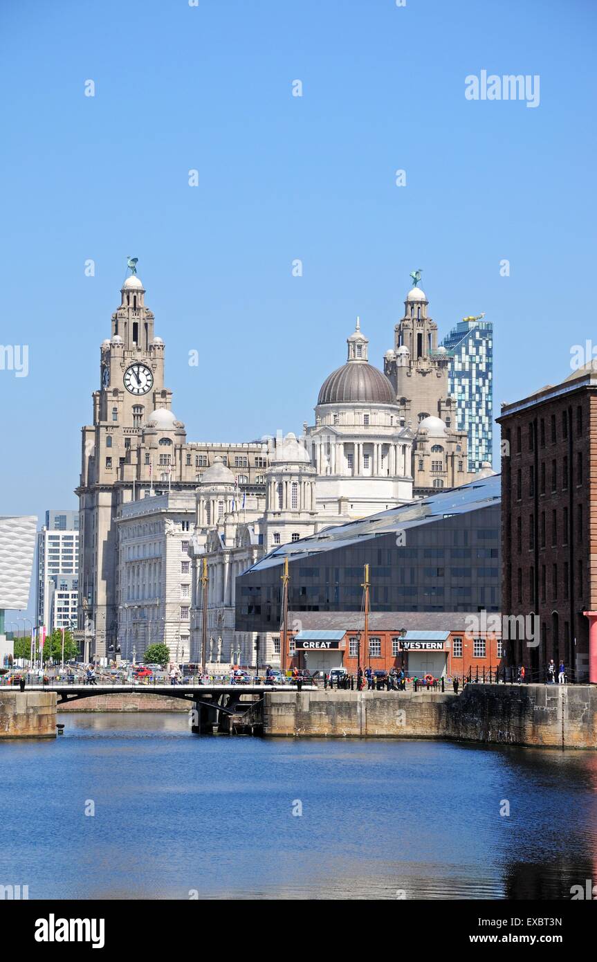 Les trois grâces composé du Liver Building, Port of Liverpool Building et la Cunard Building, Liverpool, Angleterre, Royaume-Uni. Banque D'Images
