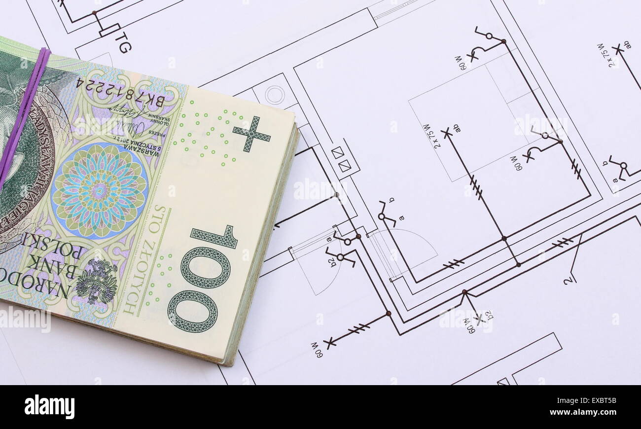 Des tas de billets de construction électrique dimensions de chambre, concept de bâtiment maison Banque D'Images