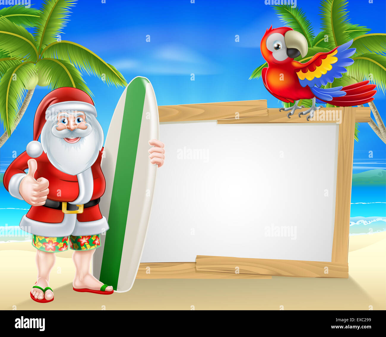 Caricature de Santa avec une planche de surf et de donner un coup de pouce dans son conseil d'Hawaï et flip flop sandals en face d'un tr Banque D'Images