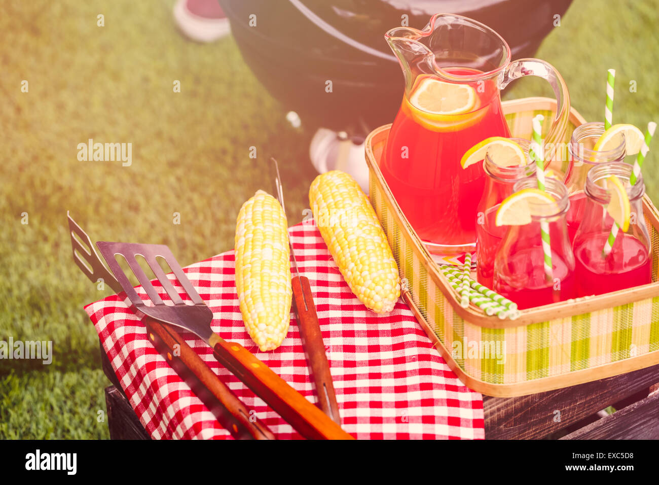 Pique-nique d'été avec barbecue au charbon de petite taille dans le parc. Banque D'Images