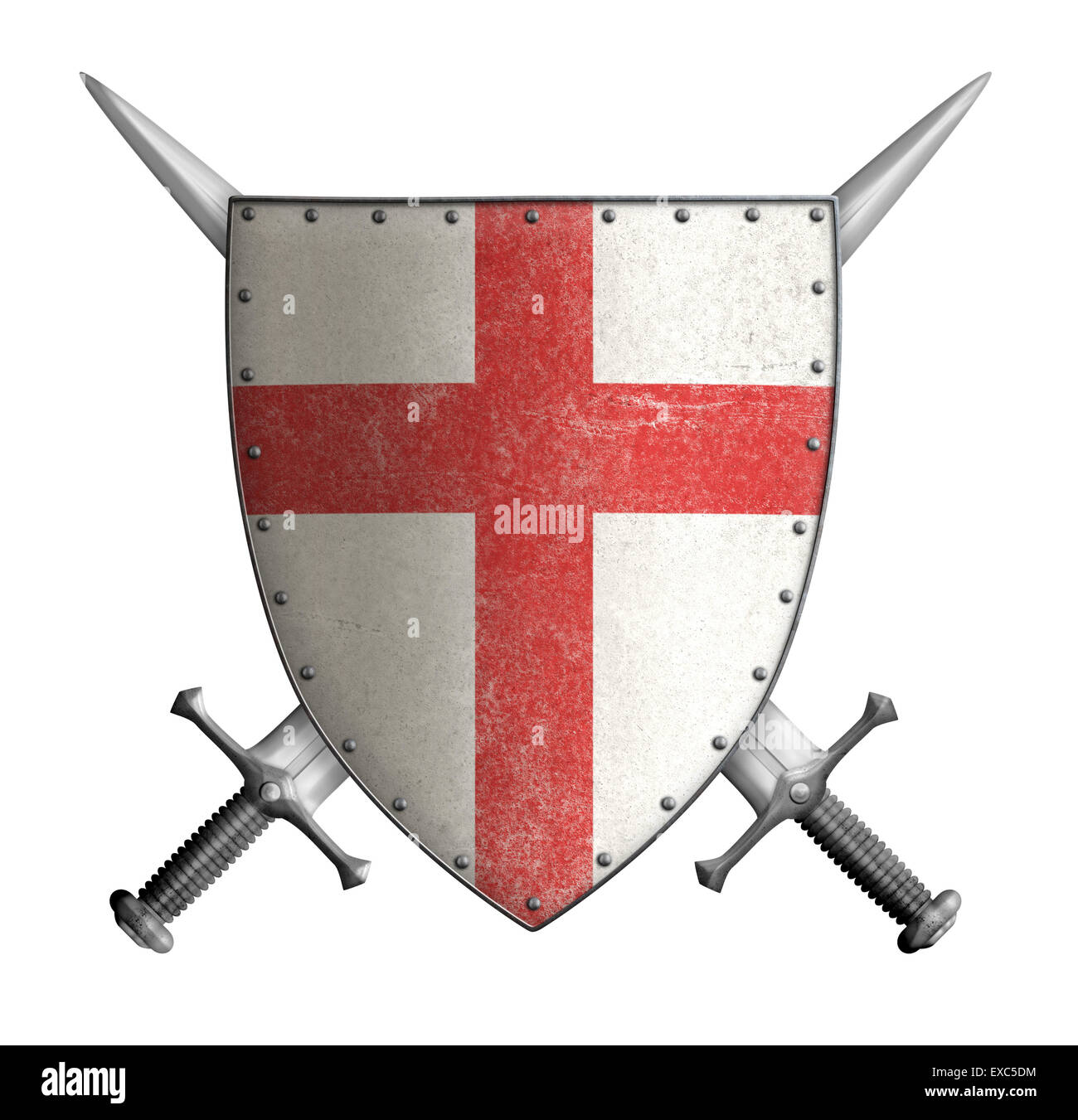 Bouclier chevalier croisé médiéval avec croix rouges et deux épées isolated Banque D'Images