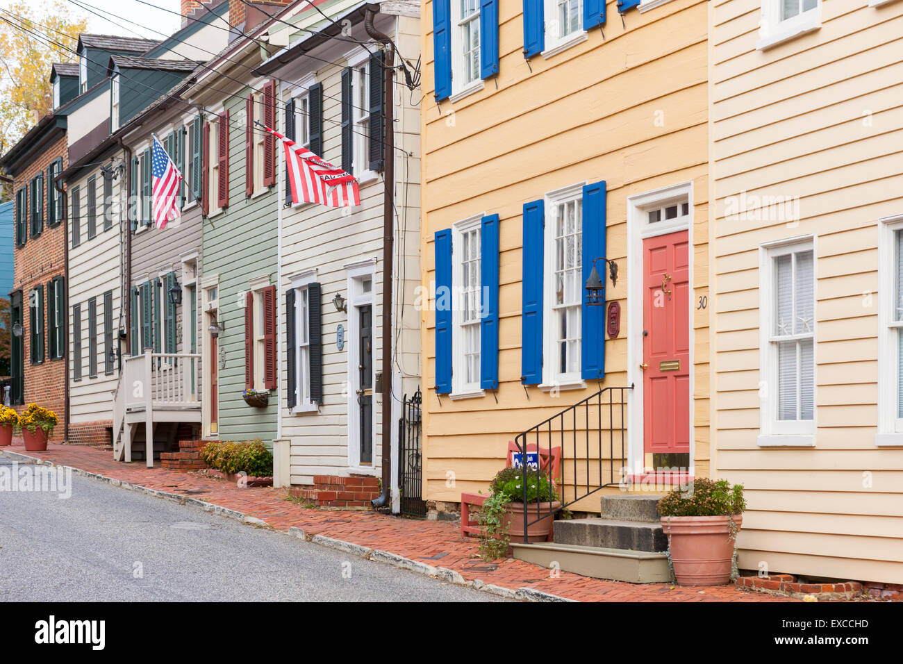 Maisons historiques dans le quartier historique d'Annapolis coloniale près du centre-ville d'Annapolis, Maryland. Banque D'Images