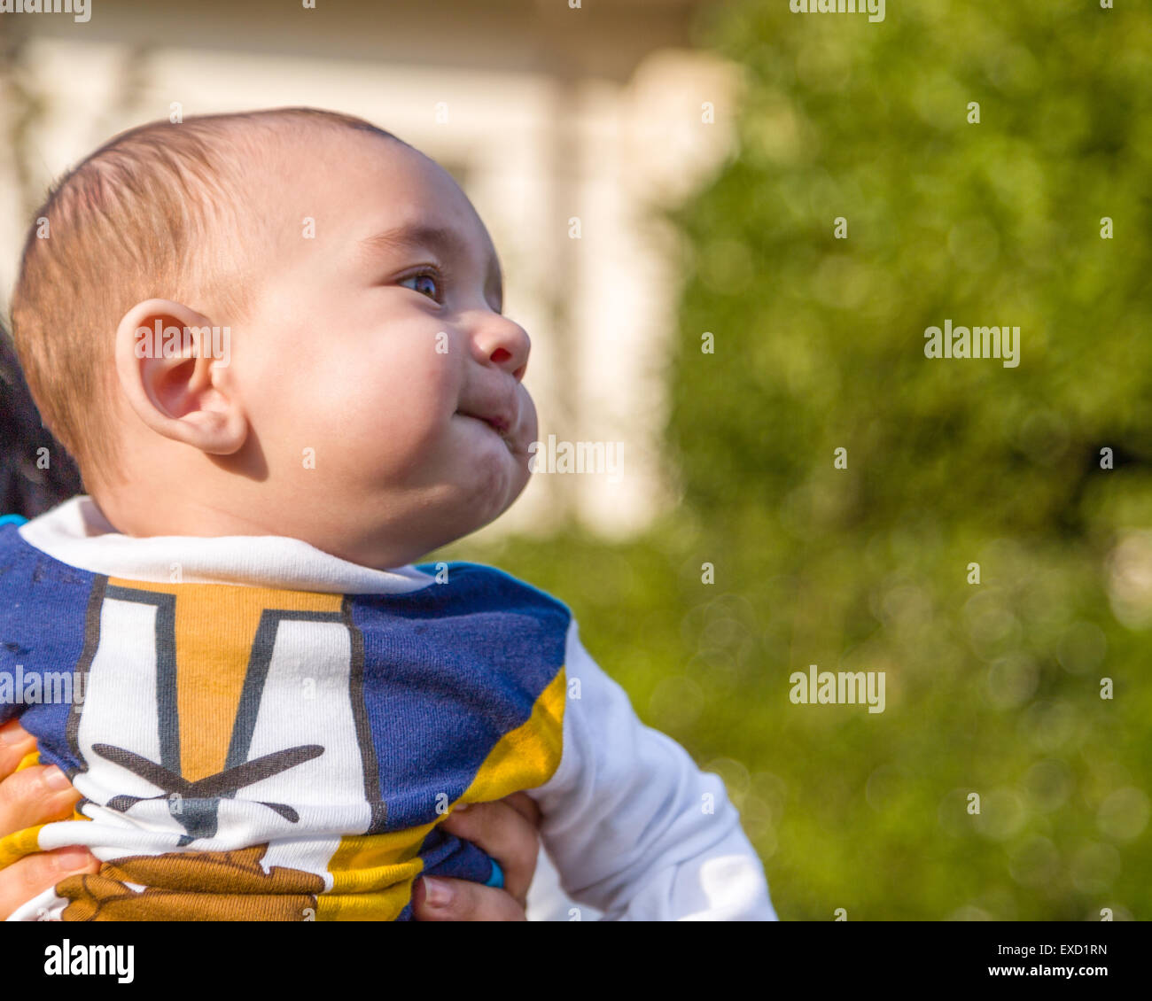 Mignon Bebe De 6 Mois Avec Les Cheveux Brun Clair A Brun Et Blanc Bleu Chemise A Manches Longues A La Fois Bienvenue Et Tenu Par Sa Mere Il Est De