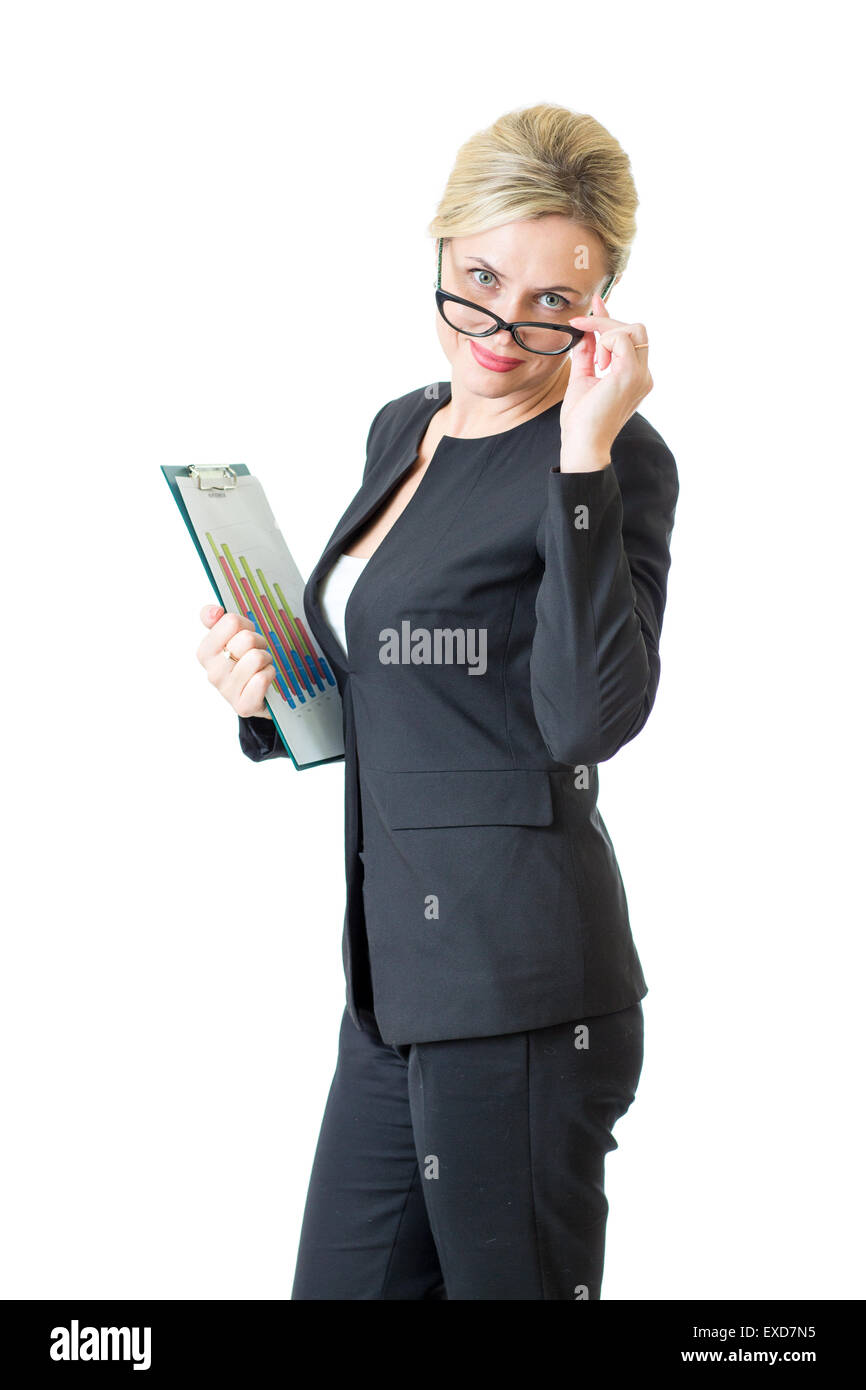 Confident business woman lunettes binocle devant isolé sur fond blanc Banque D'Images