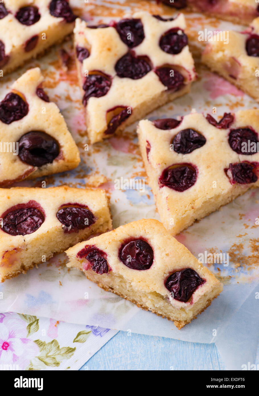 Cherry cake fait maison avec la sauce sur metal background, selective focus Banque D'Images