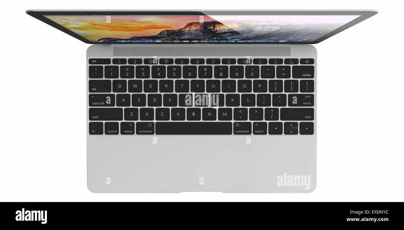 Nouveau MacBook argent affichage OS X Yosemite. Il a un 12 pouces avec écran Retina avec une résolution de 2304 x 1440. Banque D'Images
