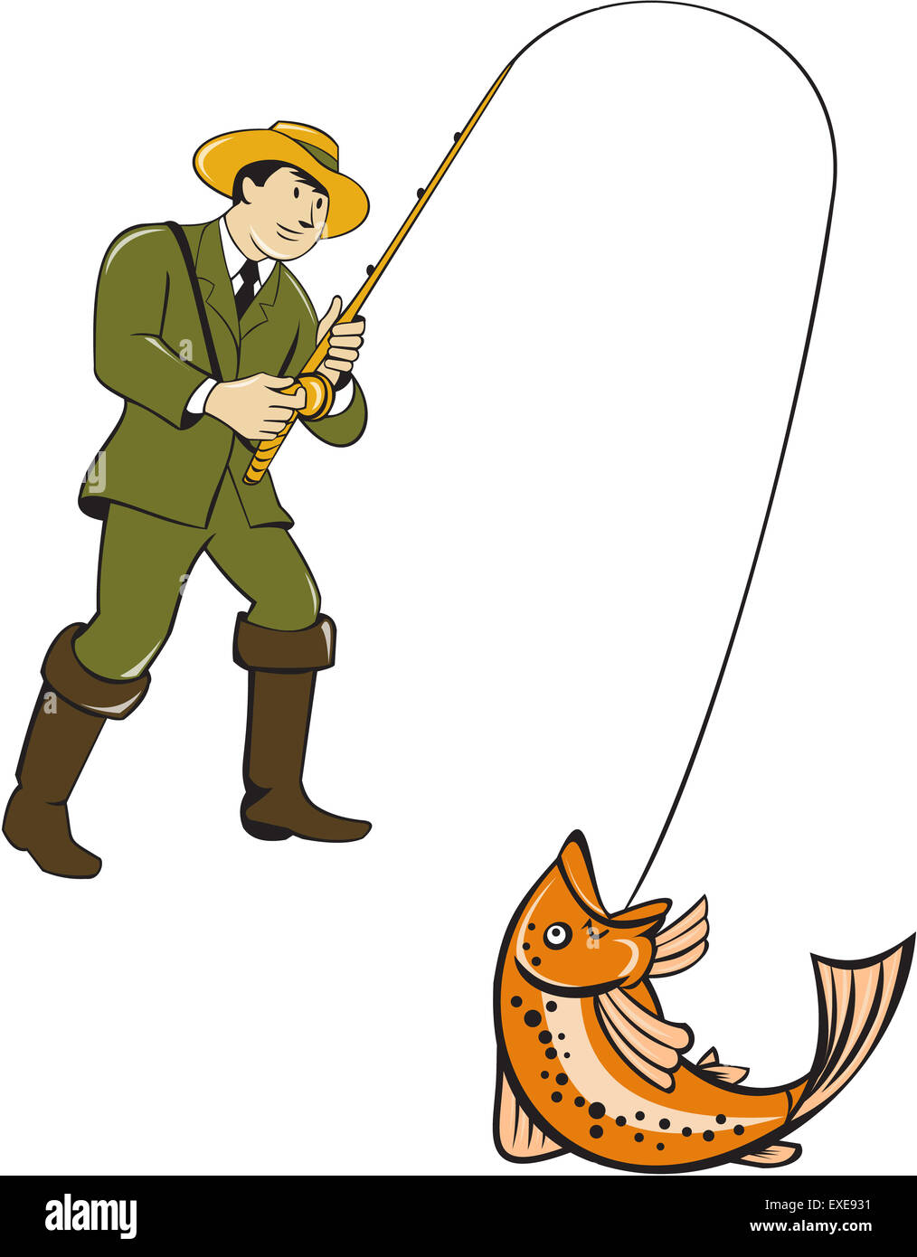 Illustration d'un pêcheur de mouche wearing hat avec canne et moulinet le choc d'une série de poissons truite isolé sur fond blanc fait Banque D'Images
