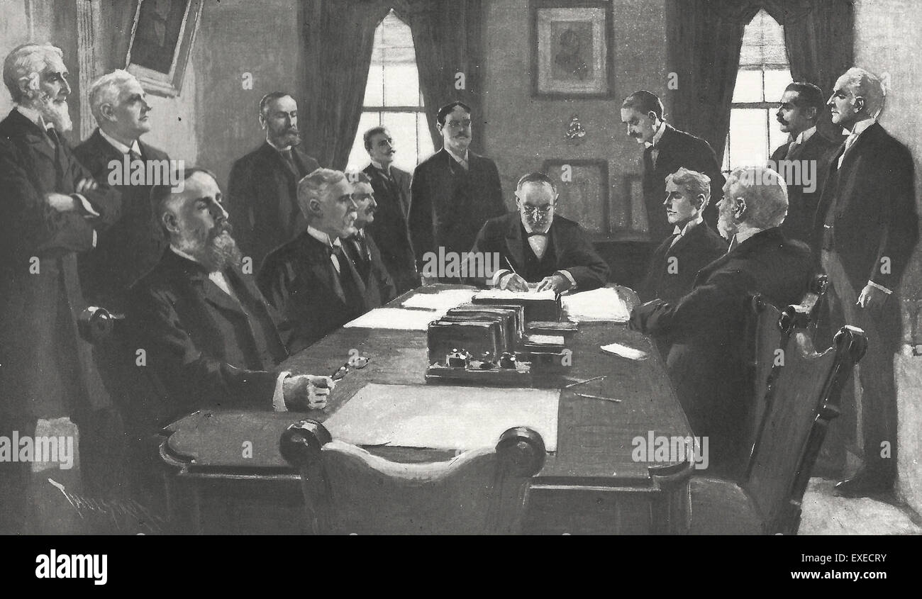 Le Président William McKinley signant l'Ultimatum avant la guerre hispano-américaine, 1898 Banque D'Images