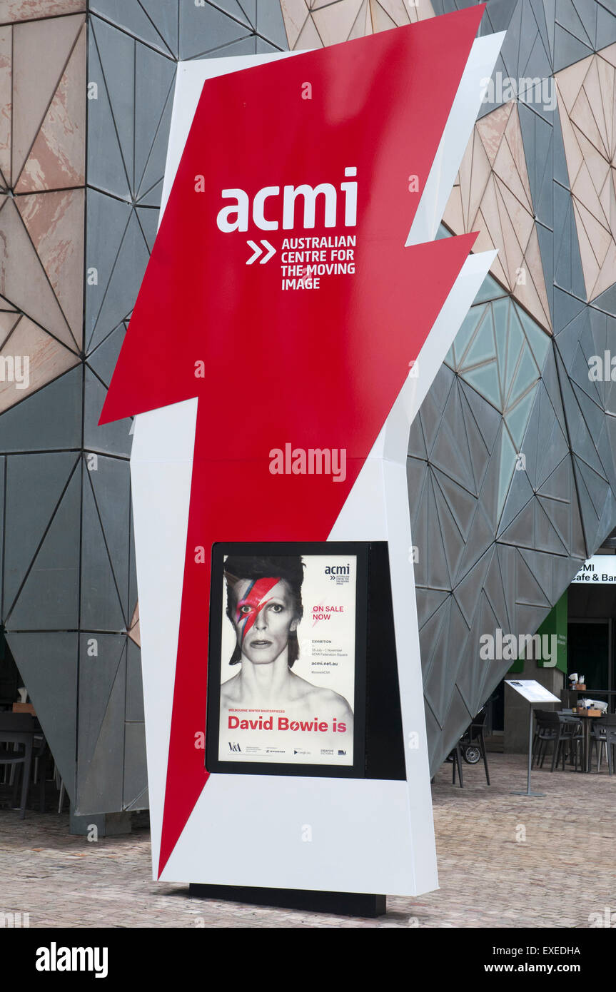 Panneau indiquant l'Australian Centre for the Moving Image, Federation Square, Melbourne Banque D'Images