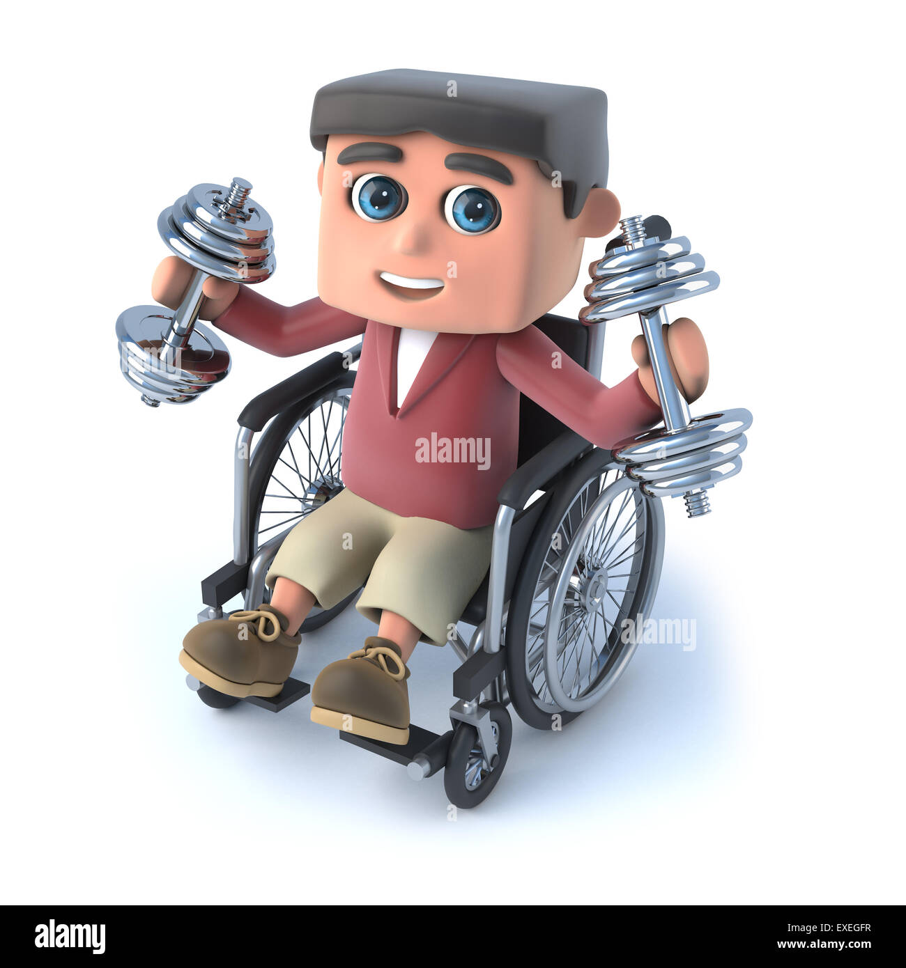 Rendu 3D d'un garçon en fauteuil roulant en utilisant des poids. Banque D'Images