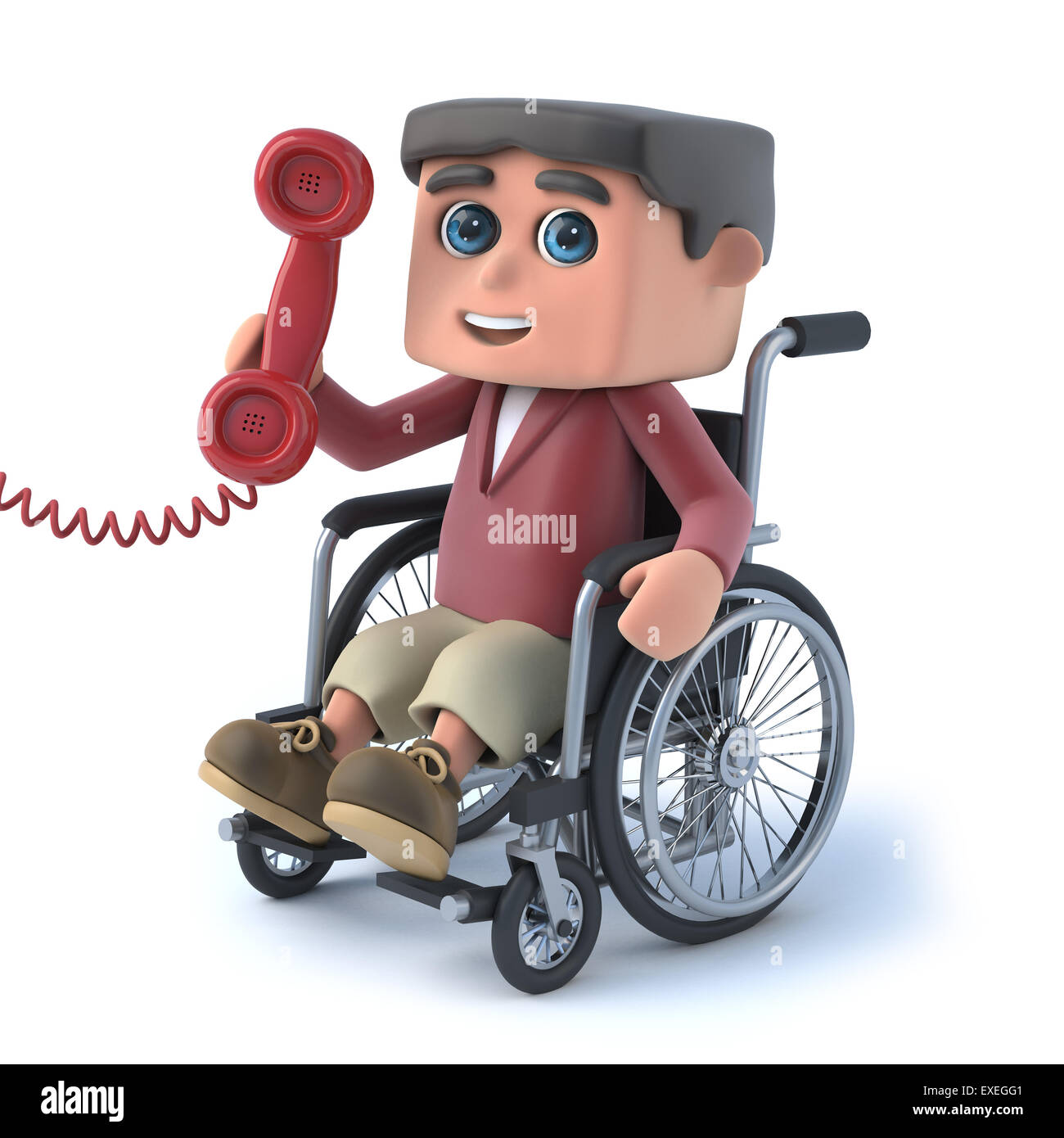 3D render of a Boy dans un fauteuil roulant de répondre au téléphone. Banque D'Images