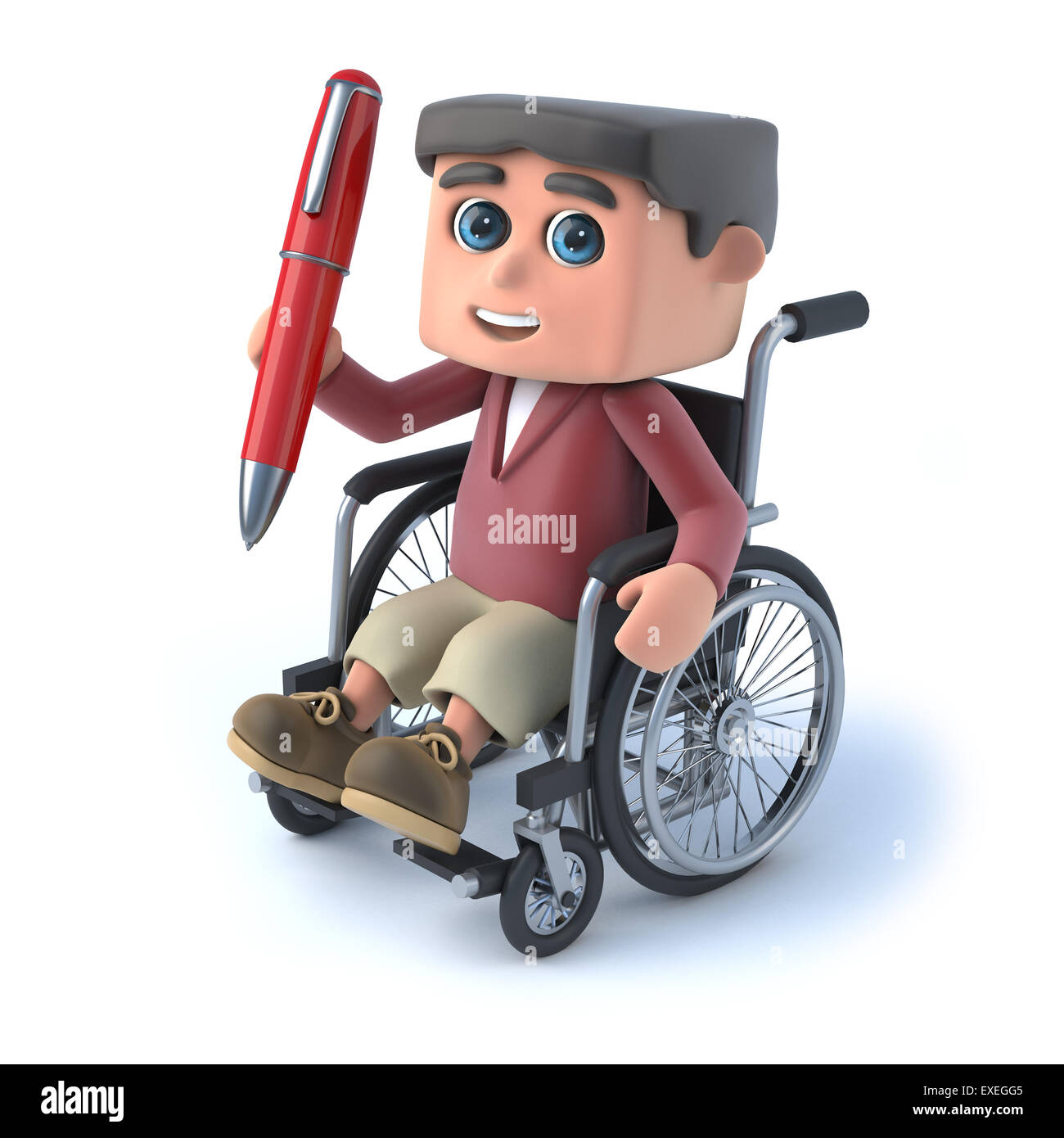 3D render of a Boy in a wheelchair holding un stylo rouge. Banque D'Images