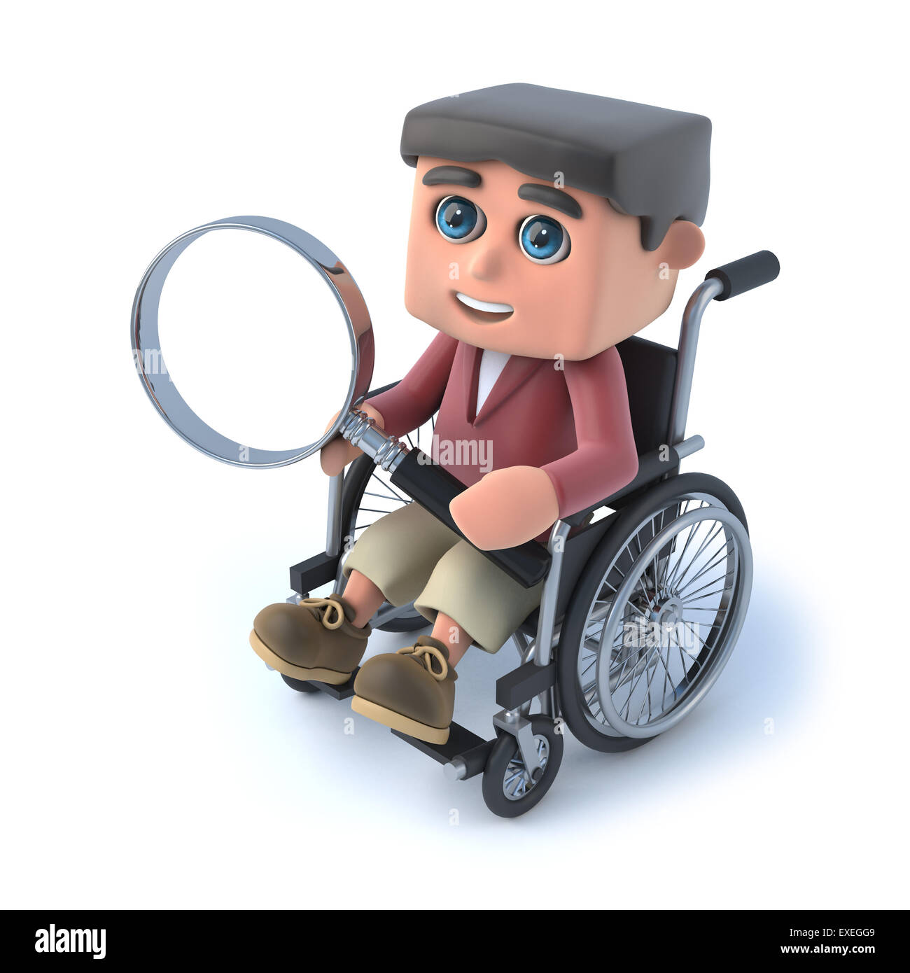 3D render of a Boy dans un fauteuil roulant avec une loupe. Banque D'Images