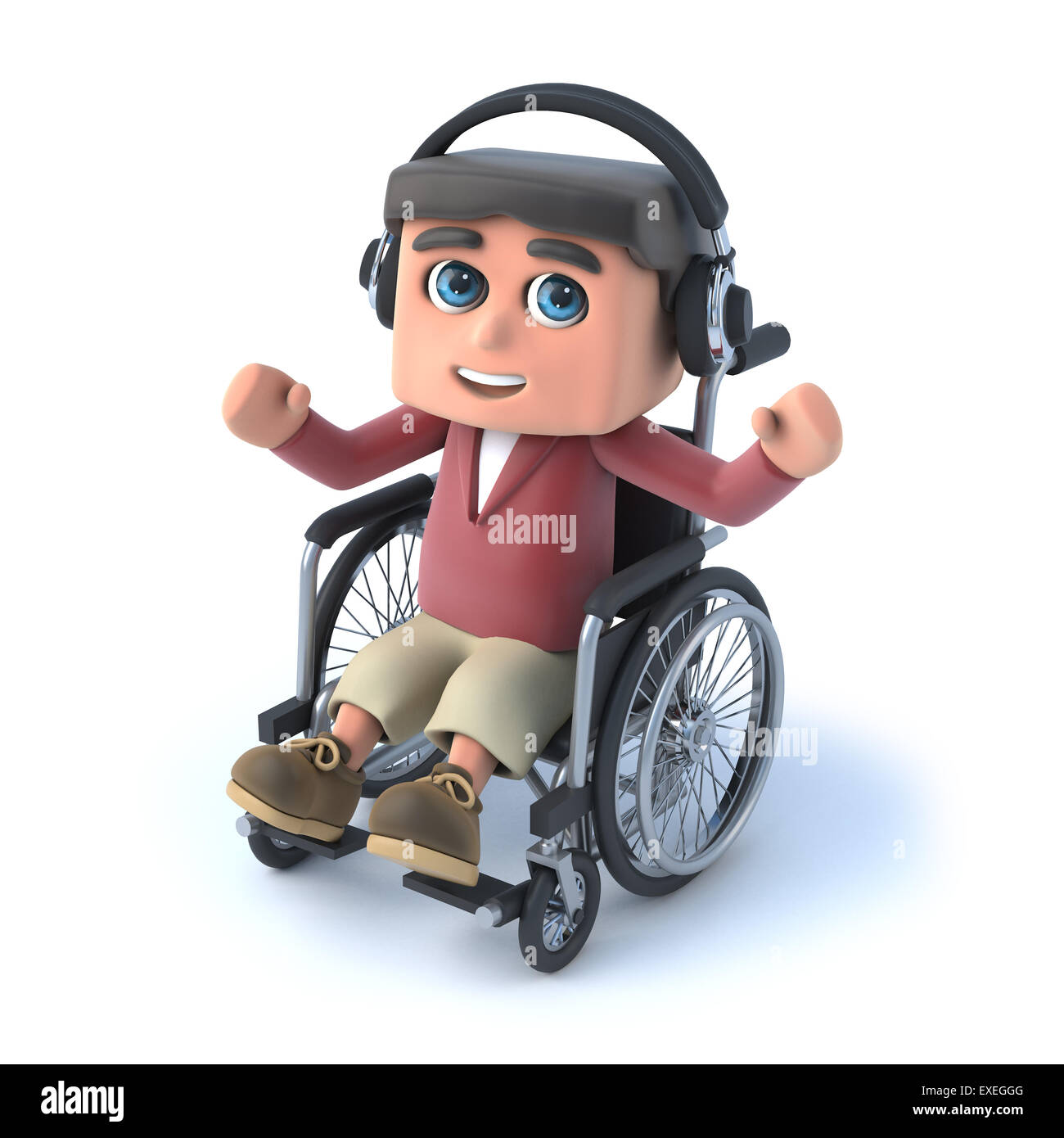 3D render of a Boy dans un fauteuil roulant listening to music on headphones Banque D'Images