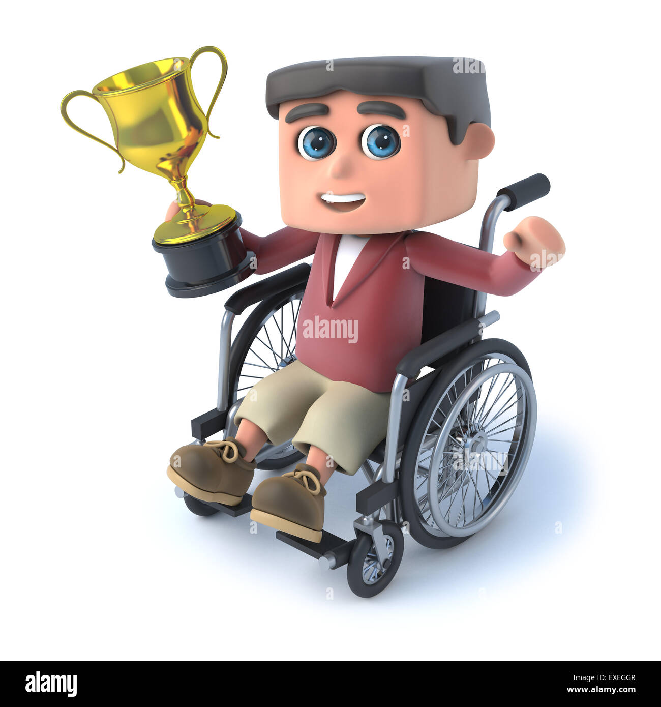 3D render of a Boy in a wheelchair holding un trophée de la coupe d'or Banque D'Images
