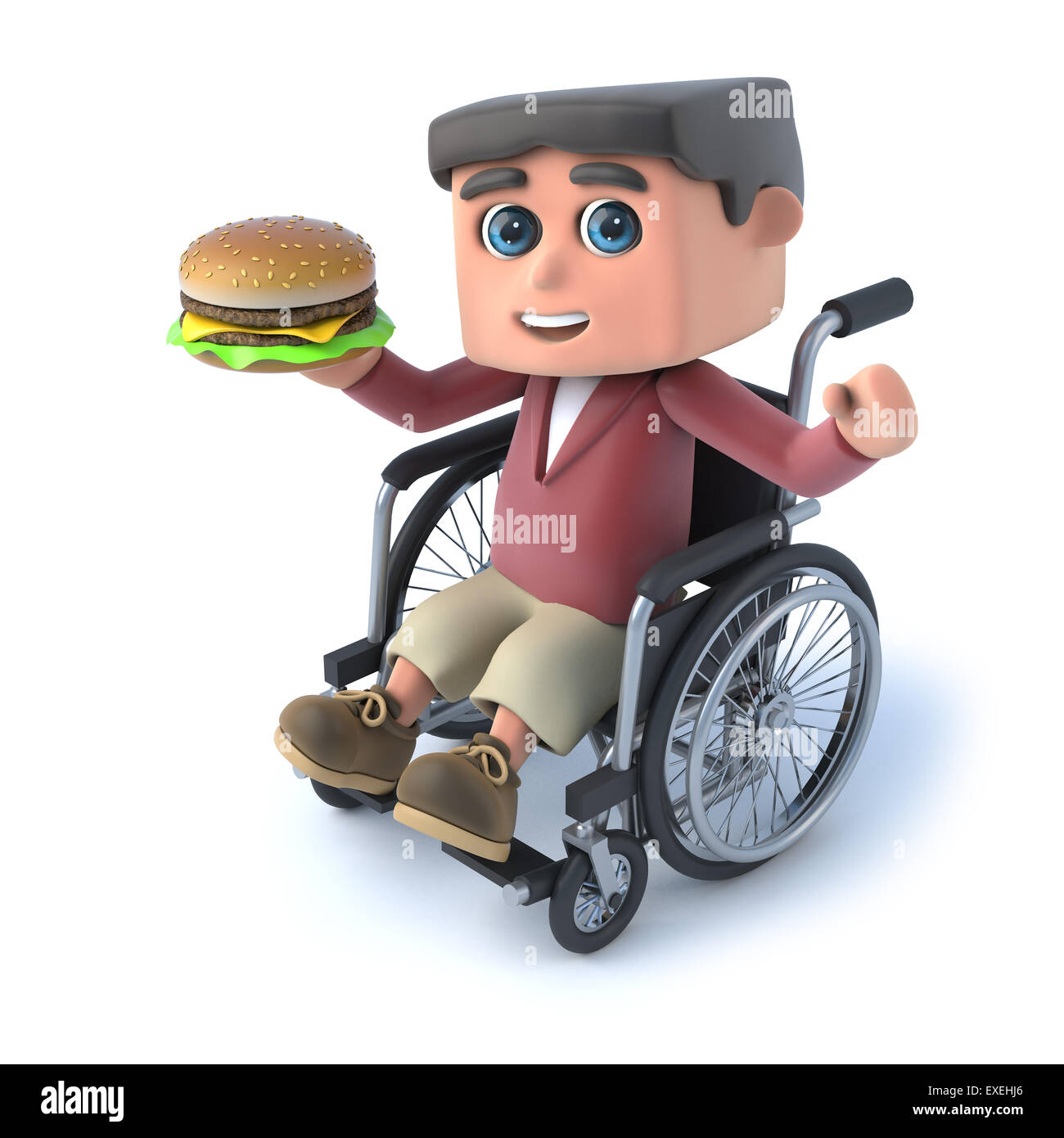 3D render of a Boy in a wheelchair holding un burger de boeuf Banque D'Images