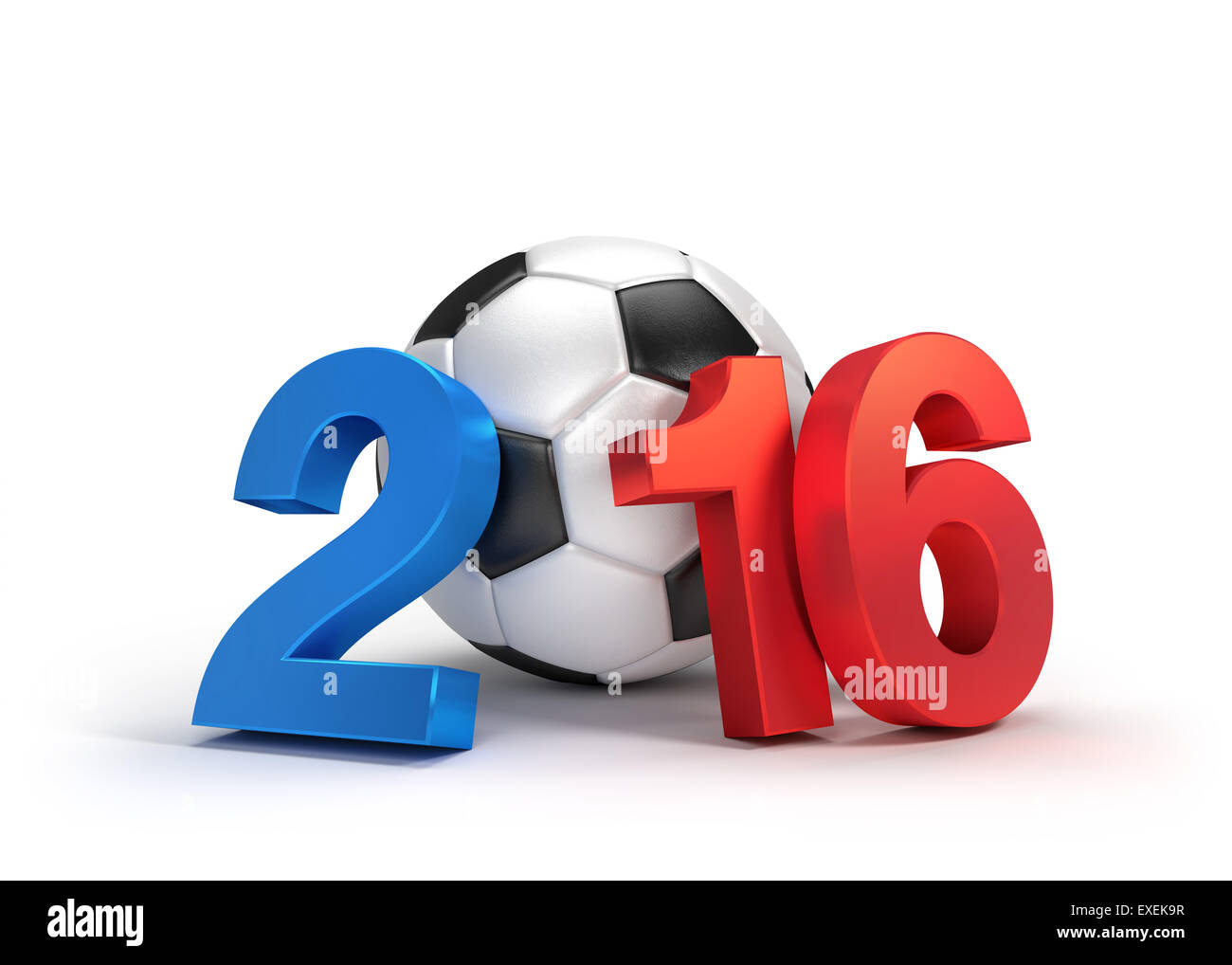 L'année 2016 illustrée par un ballon de foot classique, drapeau Français colorés, isolated on white Banque D'Images