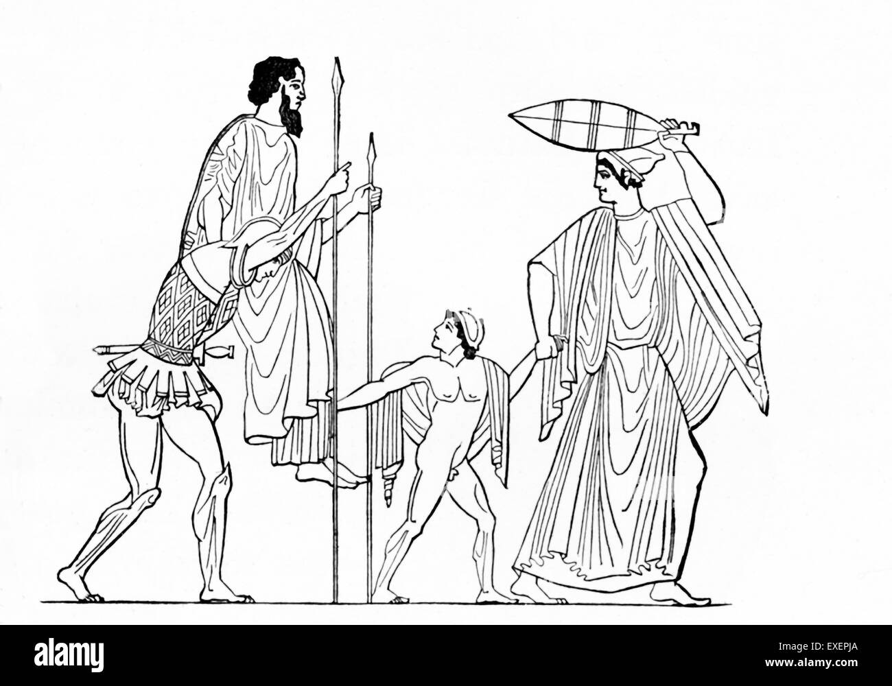 Dans ce dessin linéaire basée sur un vase peinture, le héros Troyen Enée est vu quitter Troy, qui est prise par les Grecs dans la guerre de Troie et incendié. Sur ses épaules est son père marin : Blouse, et à l'avant est son fils Ascanius. Énée n'a pas voulu quitter ses camarades, mais les dieux lui a conseillé de partir, lui disant que le destin l'attend. Énée atteint finalement l'Italie et les Romains plus tard l'honorer comme l'ancêtre de Romulus, fondateur de Rome. Banque D'Images