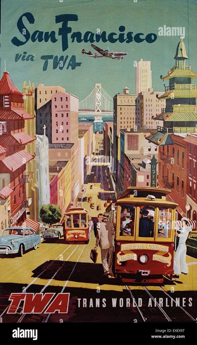 Affiche vintage faisant la promotion des vols TRANS World Airlines (TWA) à destination de San Francisco, présentant les itinéraires de la compagnie aérienne et sa connexion à la ville. Banque D'Images