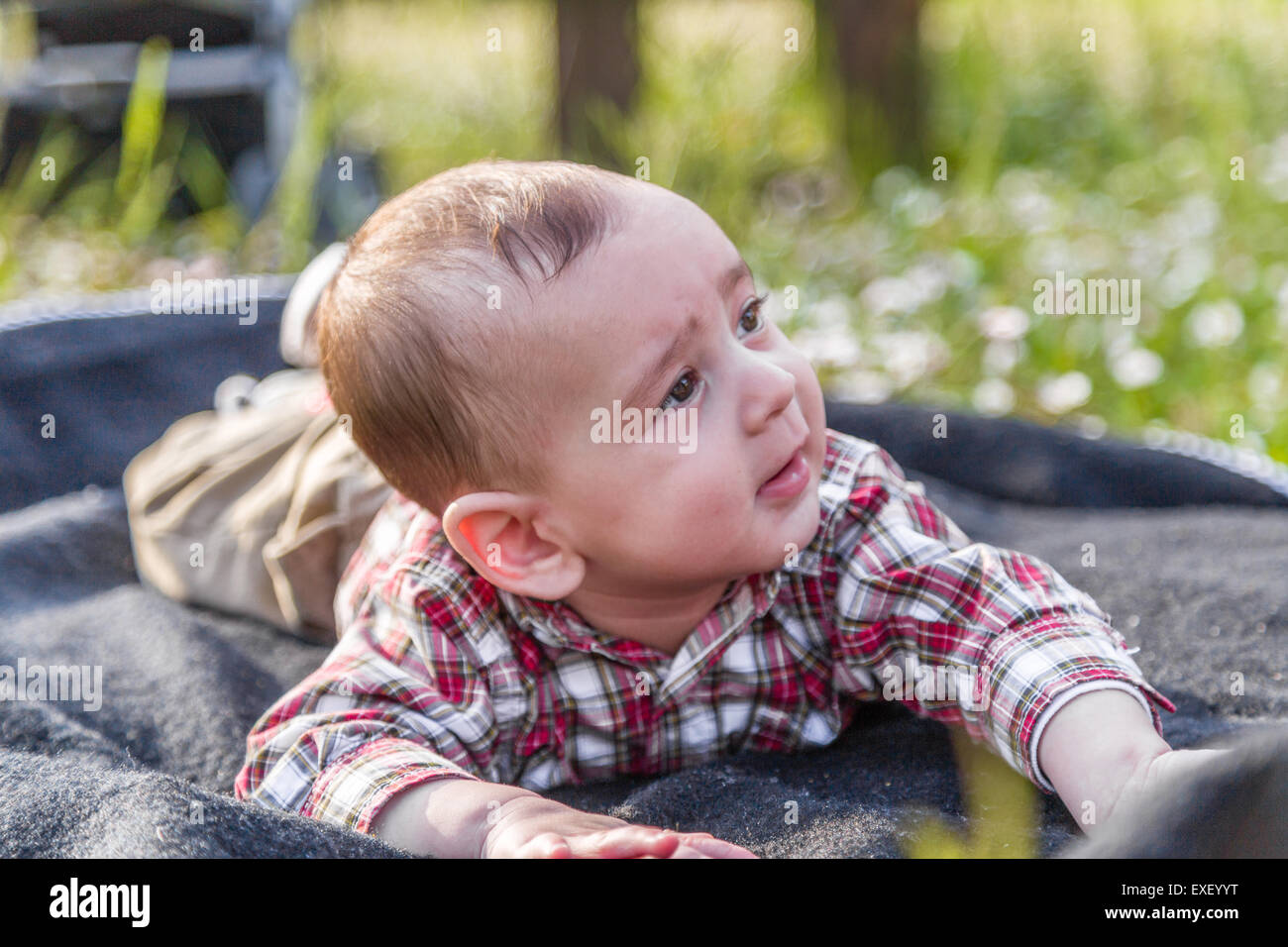 Mignon Bebe De 6 Mois Avec Les Cheveux Brun Clair En Chemise A Carreaux Rouge Et Beige Pantalon Me Semble Curieux Mais Serein Photo Stock Alamy