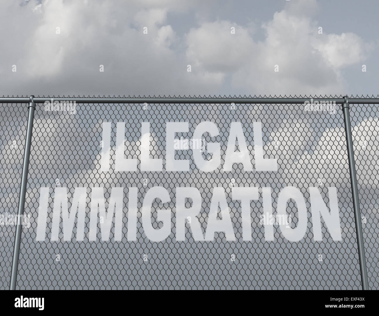 Concept de l'immigration illégale en tant que chaîne clôture avec un trou en forme de texte qui représente les gens traverser illégalement la frontière de violer la loi sur l'immigration du pays que les immigrants sans papiers. Banque D'Images