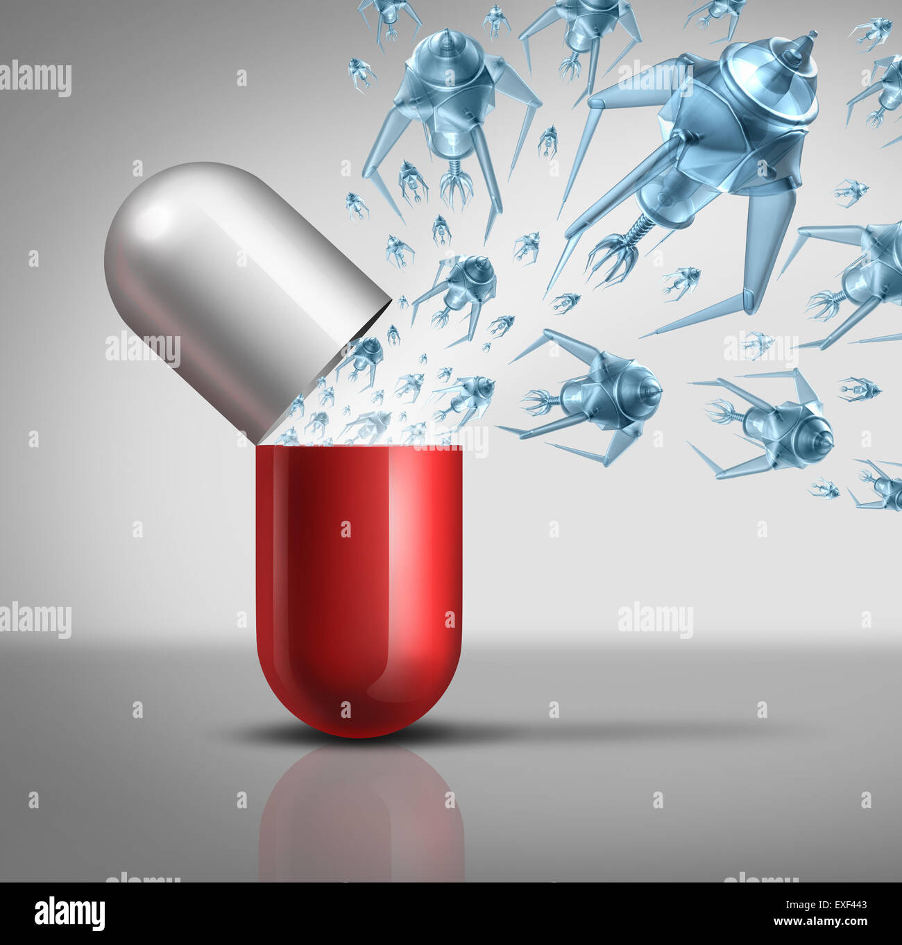 Nano médicaments et la technologie médicale et la nanotechnologie medicine concept comme un groupe de robots nano microscopique ou nanobots programmé pour tuer la maladie humaine qui sortent d'un comprimé capsule comme une icône de la santé futuriste. Banque D'Images