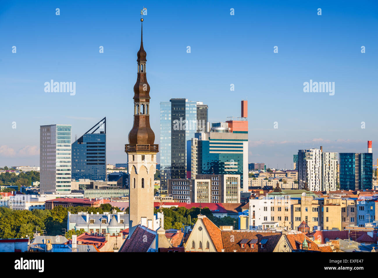 Tallinn, Estonie avec toits de bâtiments historiques et modernes. Banque D'Images