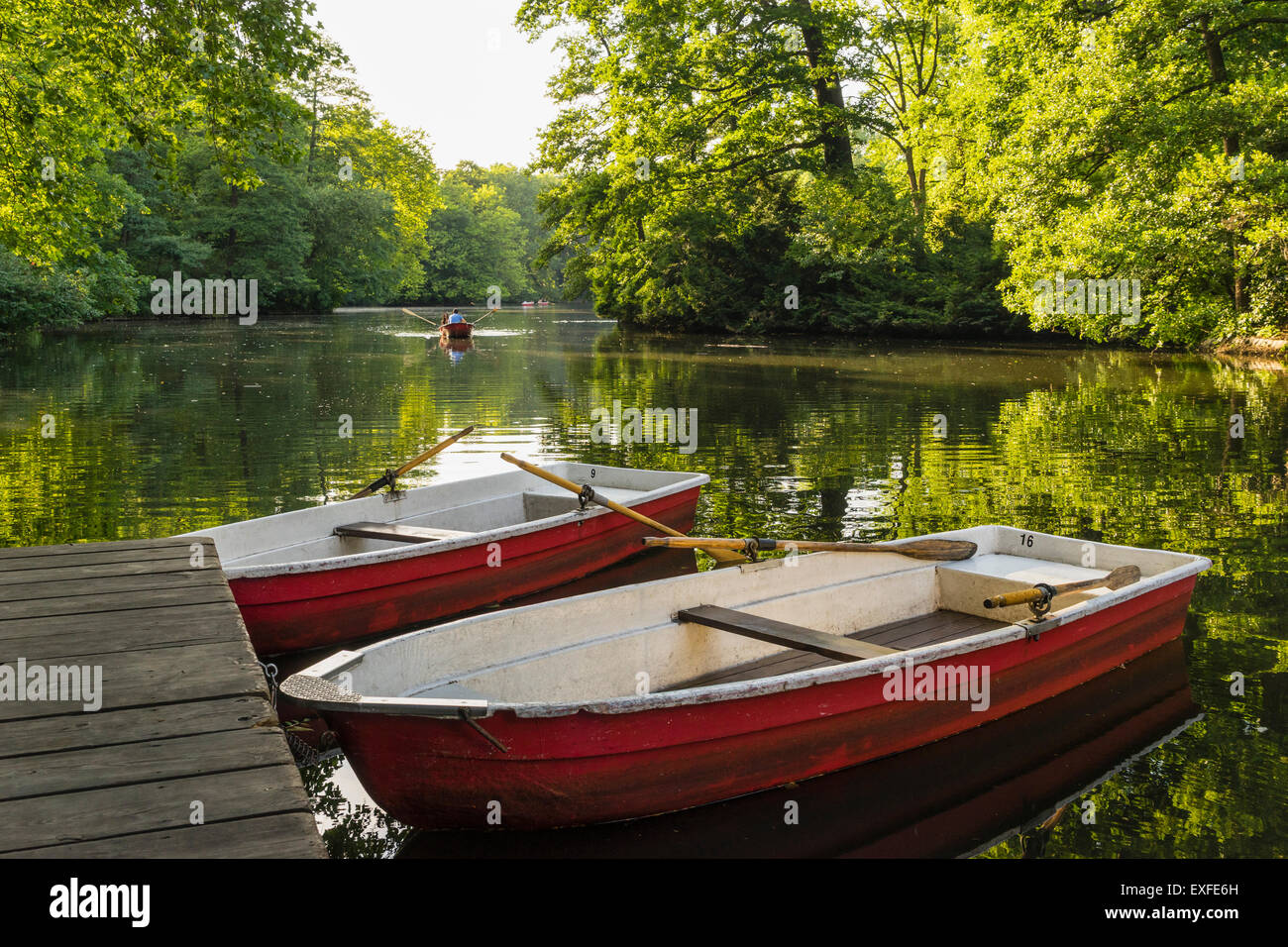 L'Aviron bateaux à louer en été au Café am Neuen Voir dans parc de Tiergarten à Berlin Allemagne Banque D'Images