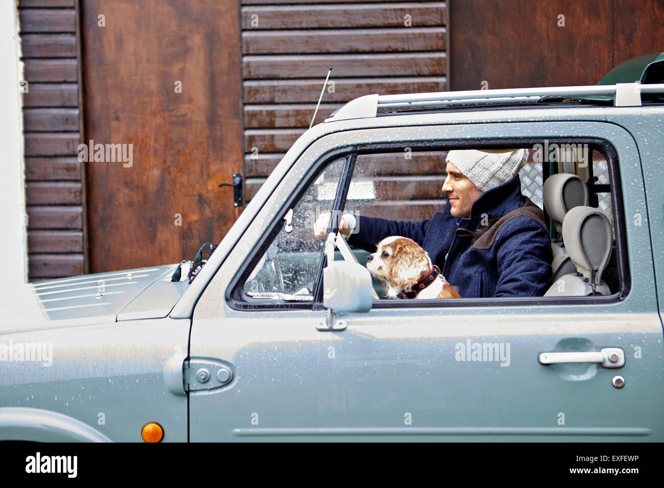 Mid adult man with dog driving van Banque D'Images