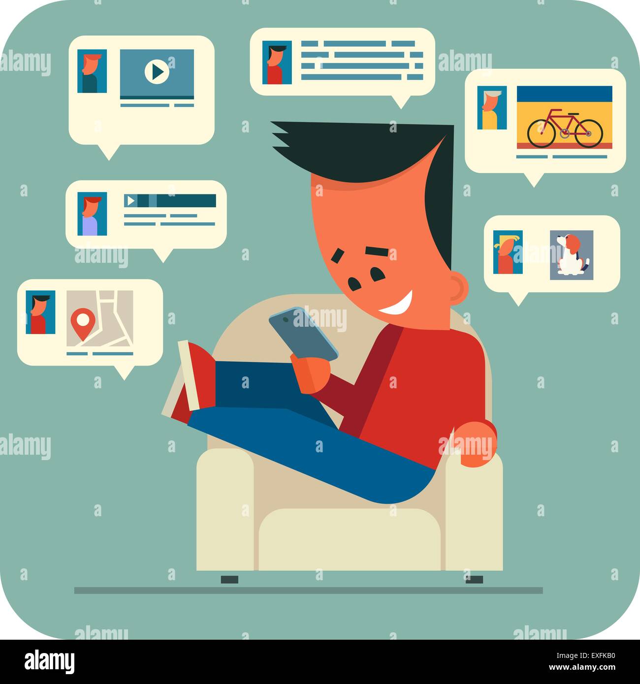 Jeune homme online chatting. Cartoon jeune homme assis dans un fauteuil et chatter en ligne avec des amis en utilisant votre smartphone. Illustration de Vecteur