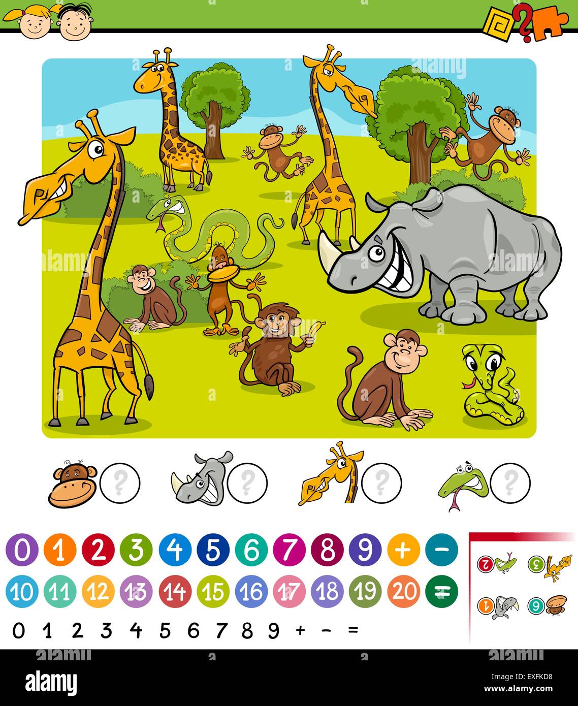 Cartoon Illustration de jeu mathématique de l'éducation d'enfants d'âge préscolaire avec animaux de Safari Illustration de Vecteur