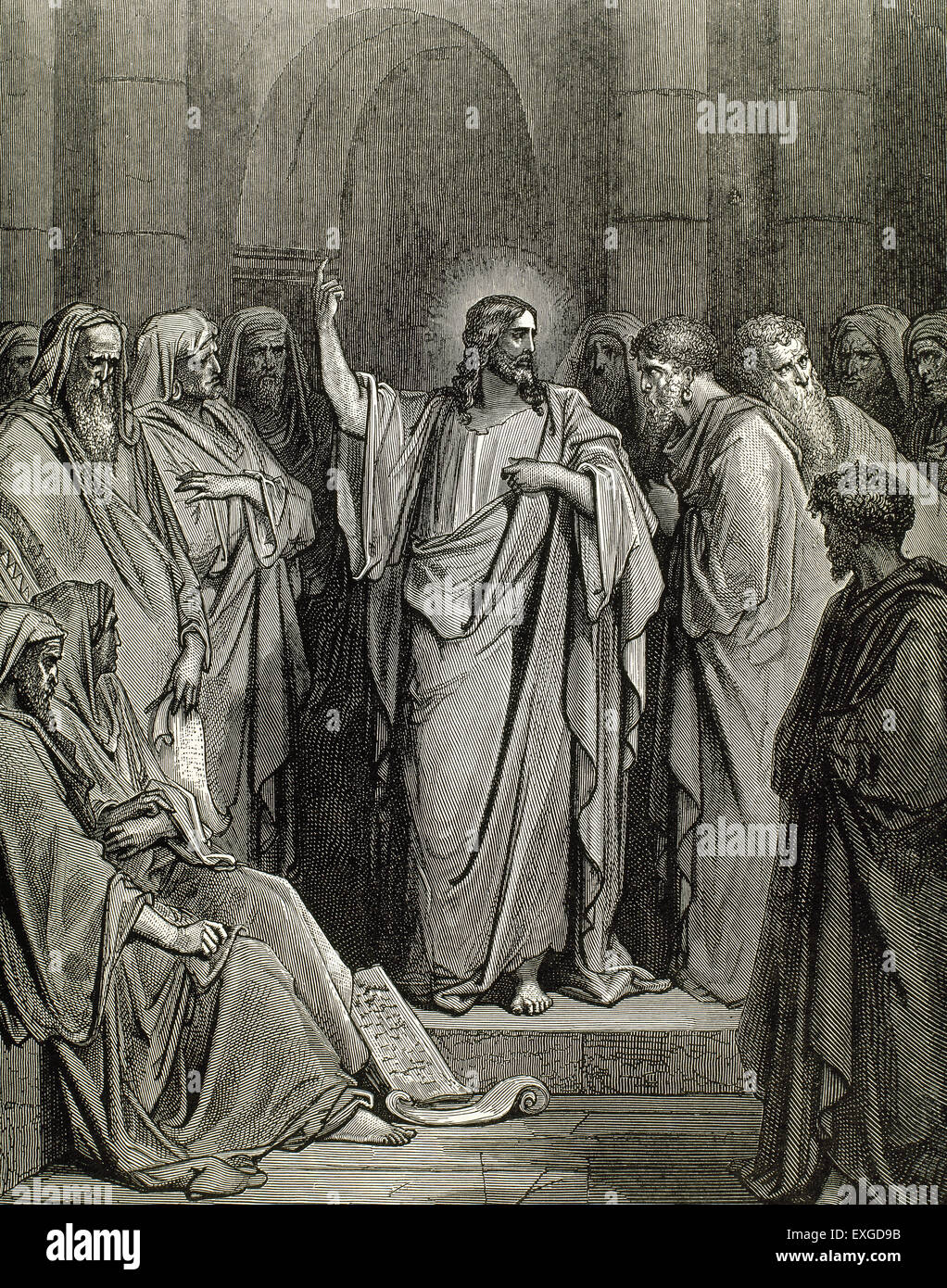 Jésus dans la synagogue. Évangile de saint Luc. Chapitre 4. Versets 16 à 21. Gravure de Gustave Dore (1832-1883). Banque D'Images