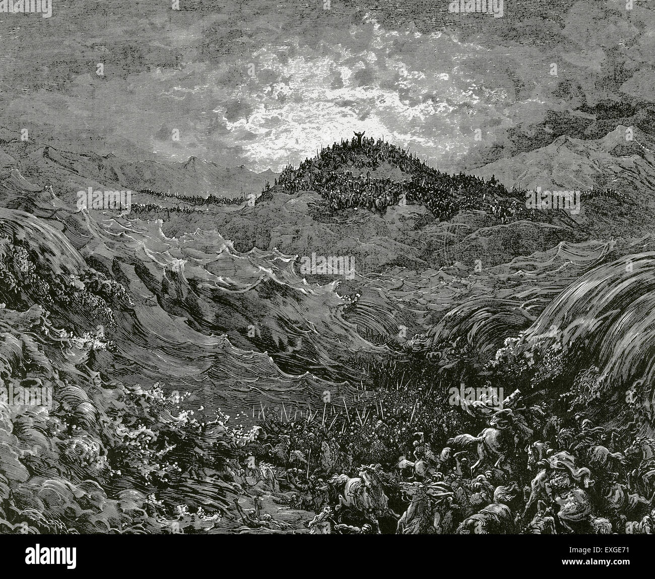 L'armée égyptienne s'est noyé dans la mer Rouge. Livre de l'Exode. Chapitre 14. Versets 27 à 31. Gravure de Gustave Dore (1832-1883). Banque D'Images
