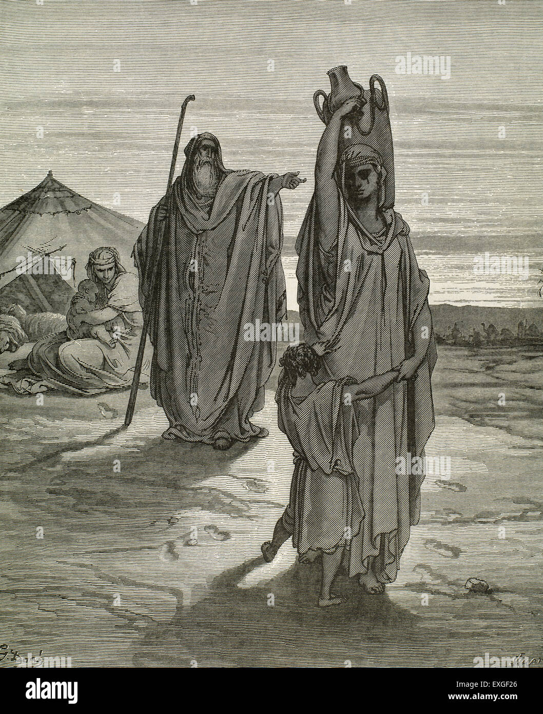 Abraham rejetant Agar et Ismaël. Gravure de Gustave Dore (1832-1883). Banque D'Images