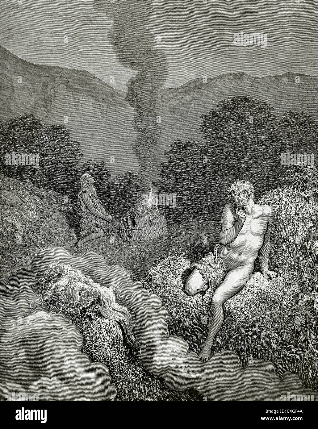 Caïn et Abel offrant son sacrifice. Gravure de Gustave Dore (1832-1883) dans la Bible en images. Banque D'Images