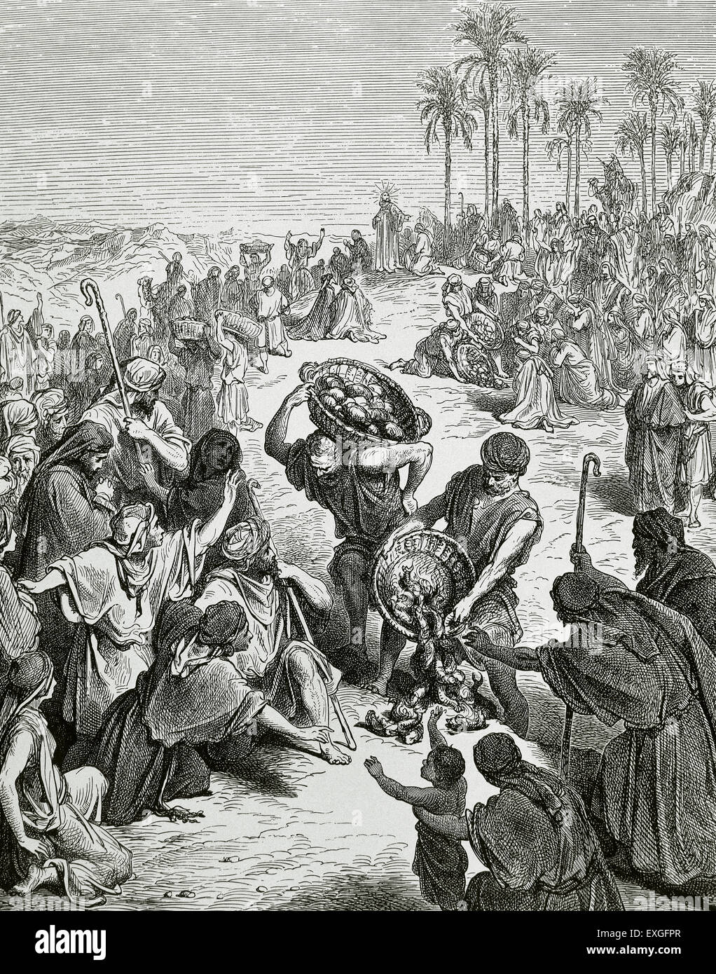 L'alimentation de la 4000. Évangile de Matthieu. Chapitre 15. Versets 30 à 37. Illustration par Gustave Dore (1832-1883). Banque D'Images
