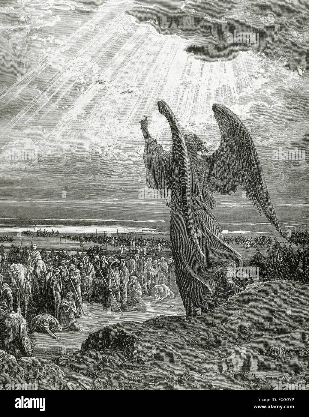 Un ange apparaît l'armée de Josué. Livre des juges. Chapitre 11, versets 1-5. Gravure de Gustave Dore (1832-1883). Banque D'Images