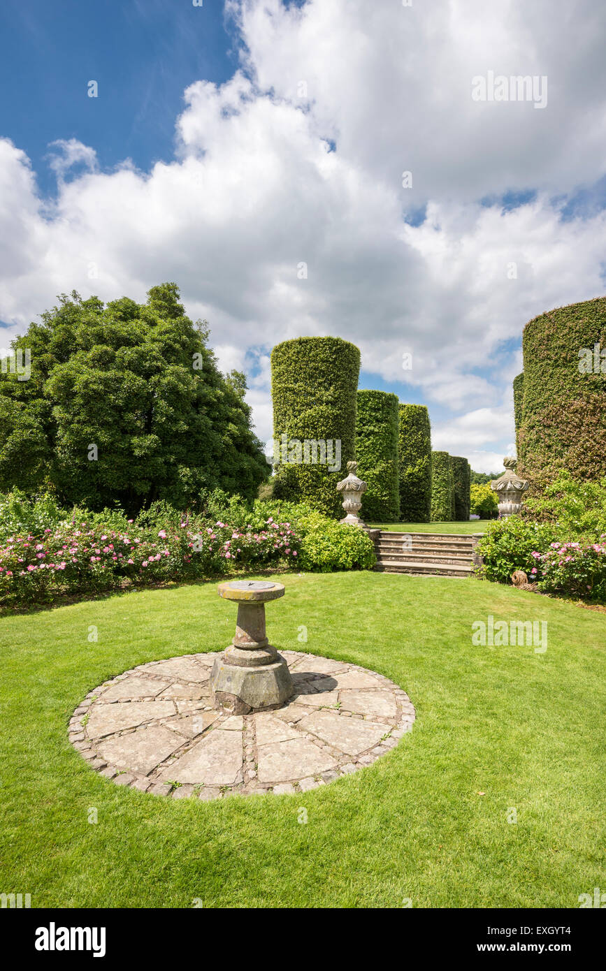Clippé chênes verts ci-dessous les étapes qui mènent à un jardin de roses avec cadran solaire à Arley Hall gardens dans le Cheshire, en Angleterre. Banque D'Images
