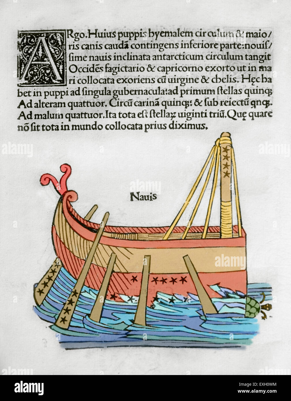 Argo Navis. Interprétation mythologique de la constellation de l'hémisphère sud, représentée par le navire Argo, utilisé par Jason et les Argonautes pour récupérer la Toison d'or. La gravure à Poeticon Astronomicon, par Gaius Julius Hyginus (ca.64 avant J.-C.-17 APR. Édité à Venise, 1485. Des incunables. De couleur. Banque D'Images