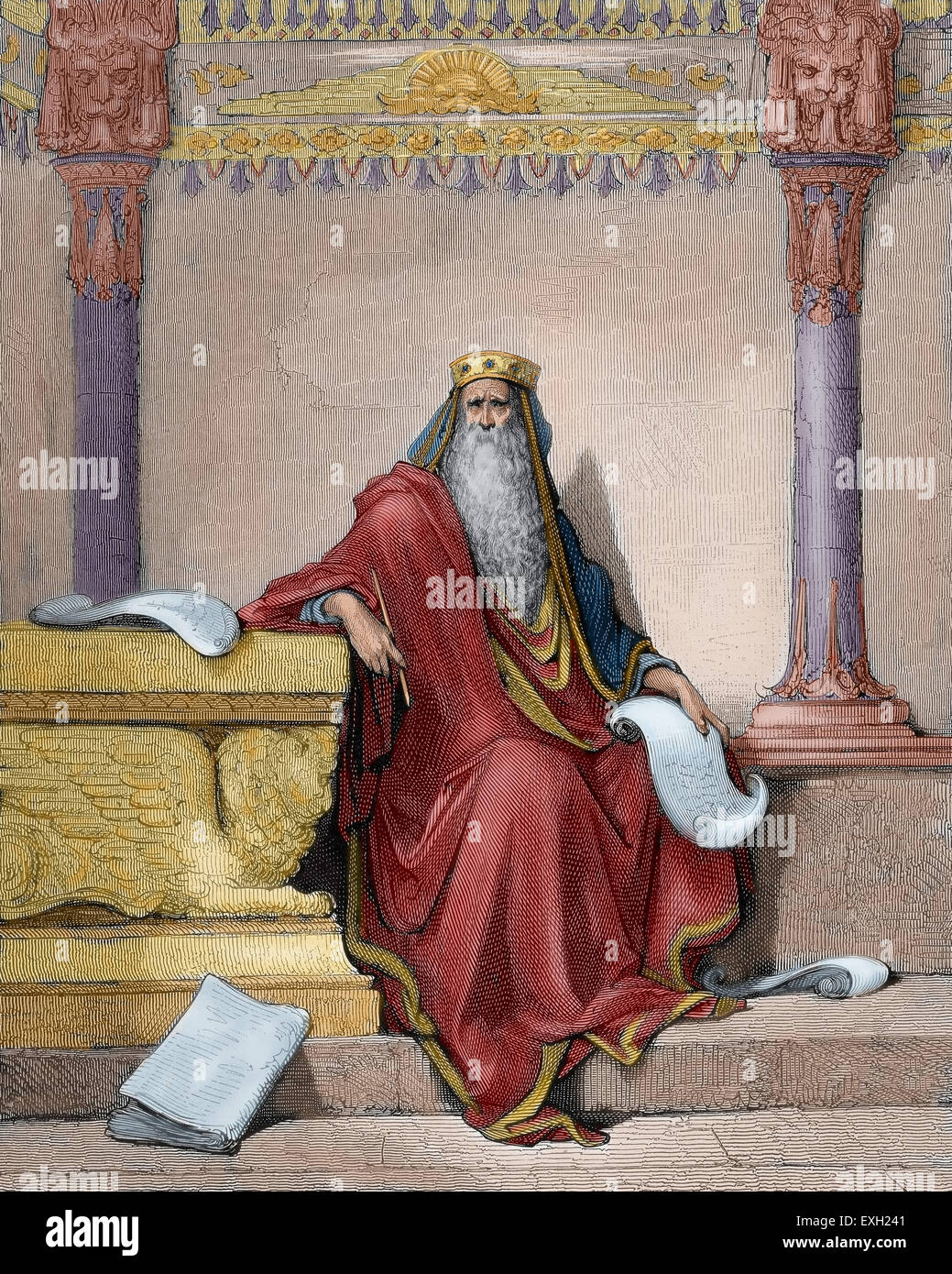 Solomon (c.1011-C928 BC). Le roi d'Israël. Livre des Rois, Chapitre 3. Gravure de Gustave Dore (1832-1883). De couleur. Banque D'Images