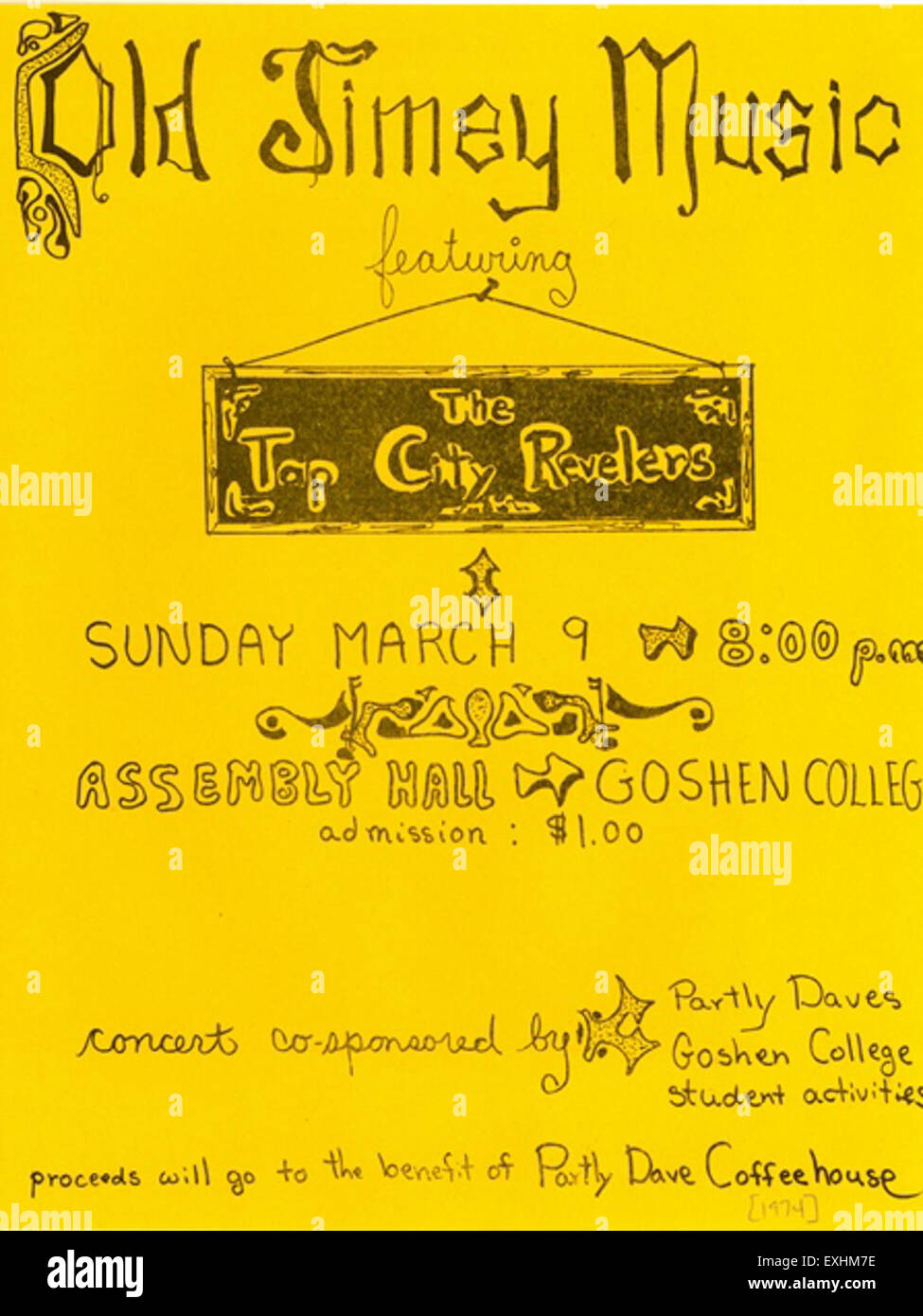 Cette affiche de musique vintage d'Elkhart, Indiana, fait la promotion d'un concert à l'ancienne dans un café local, soulignant l'aspect de service volontaire de l'événement. L'affiche reflète l'engagement culturel et l'éthique du service social de l'époque. Banque D'Images