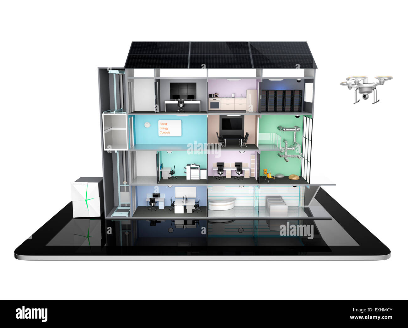 Smart office building concept modèle sur un tablet PC. Prise en charge de l'énergie par des panneaux solaires et le stockage de la batterie du module système. Banque D'Images