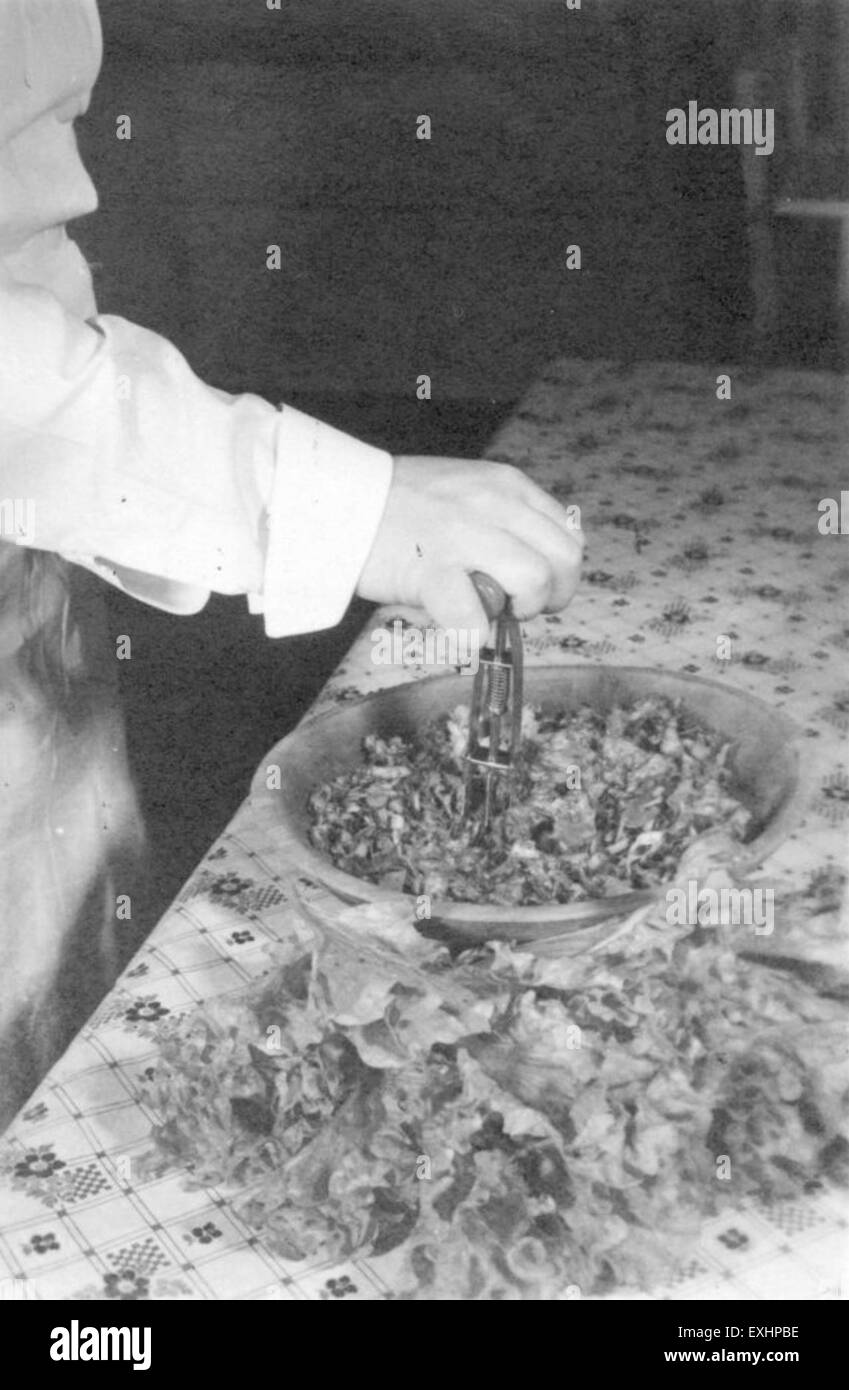« Shredding Greens » est une représentation de la communauté mennonite Goshen dans l'Indiana, où les mennonites sont engagés dans la préparation des aliments. Cette scène capture la tradition mennonite de la cuisine commune, en se concentrant sur un groupe de personnes travaillant ensemble pour préparer des légumes verts pour un repas partagé. Banque D'Images