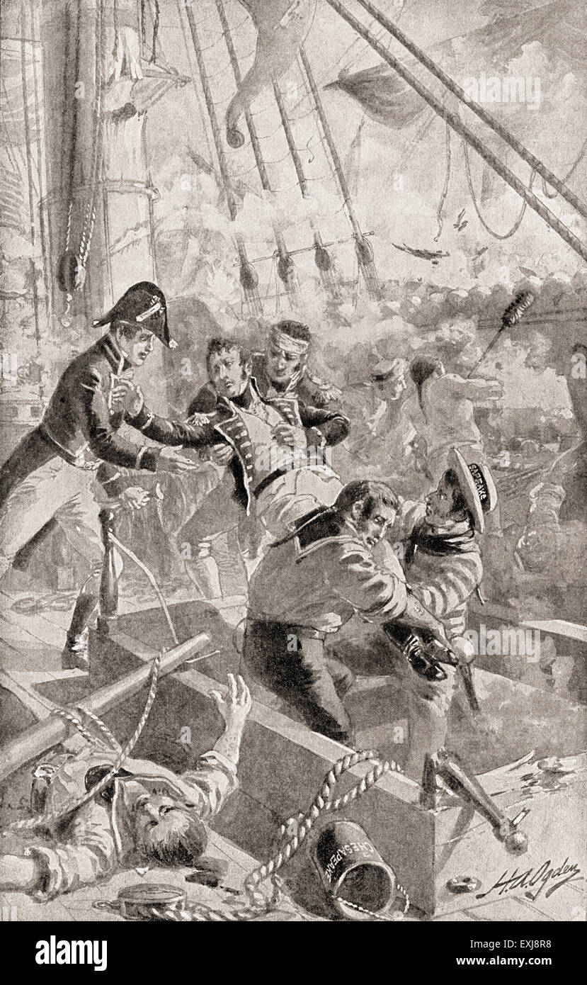 Le Capitaine James Lawrence prononcer ses dernières paroles ou la commande 'dying' 'Don't give up the ship !' après avoir été mortellement blessé tout en commandant le USS Chesapeake en un seul navire-action contre le HMS Shannon commandée par Philip a éclaté au cours de la guerre de 1812. James Lawrence, 1781 -1813. Officier de la marine américaine. . Banque D'Images