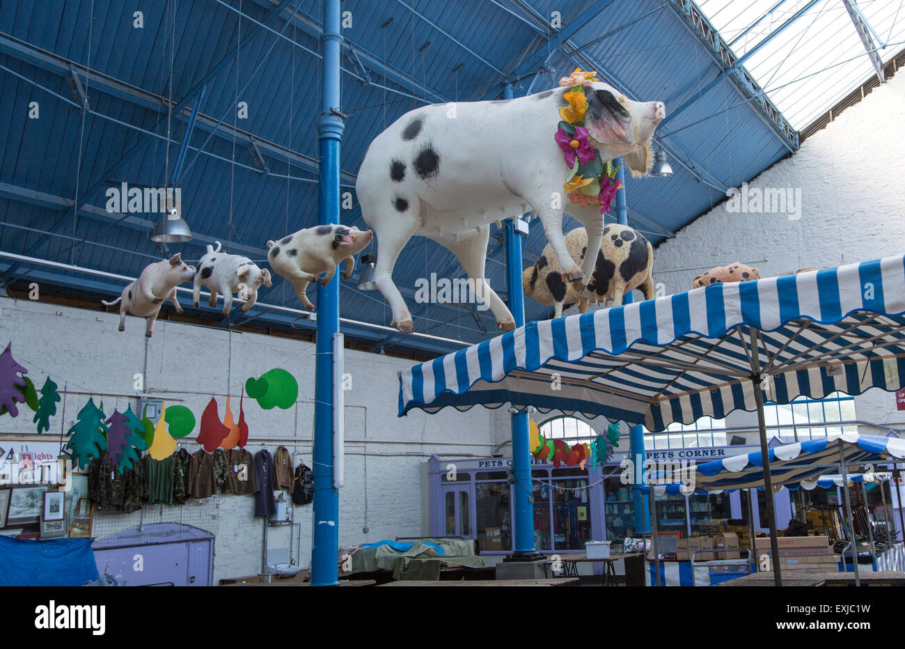 Les porcs volants du marché intérieur Hall Building, Abergavenny, Monmouthshire, South Wales, UK Banque D'Images