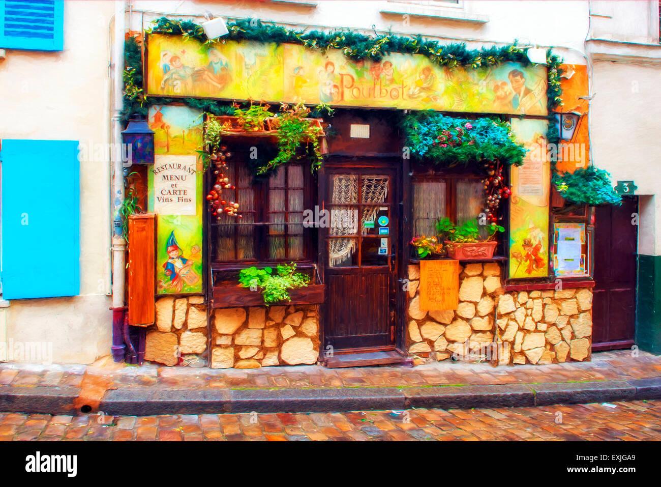 Créé numériquement peinture d'un restaurant, Paris France Banque D'Images