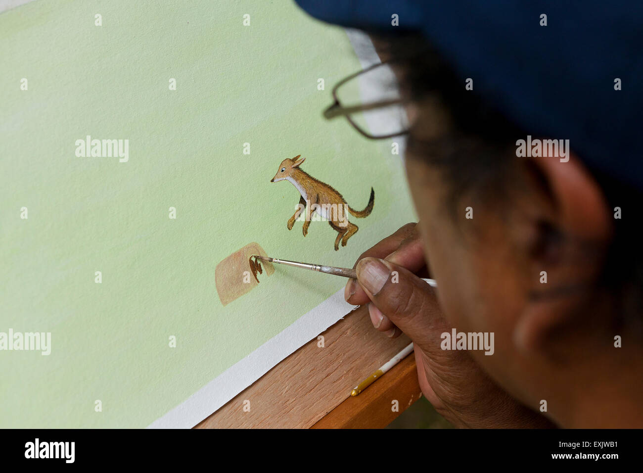 Man painting personnage animal sur papier Banque D'Images